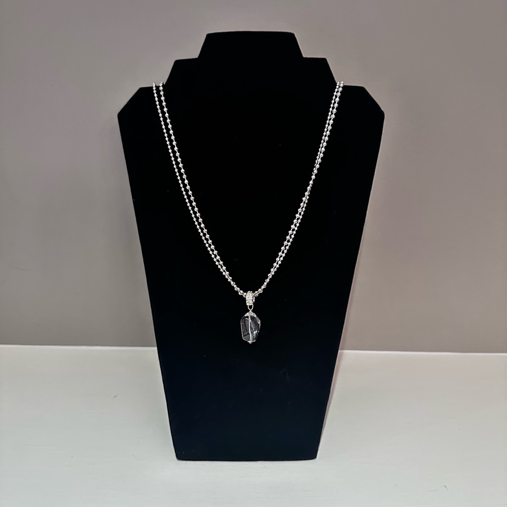 Nora silver 17.5” double chain long Necklace with Clear Pendant.